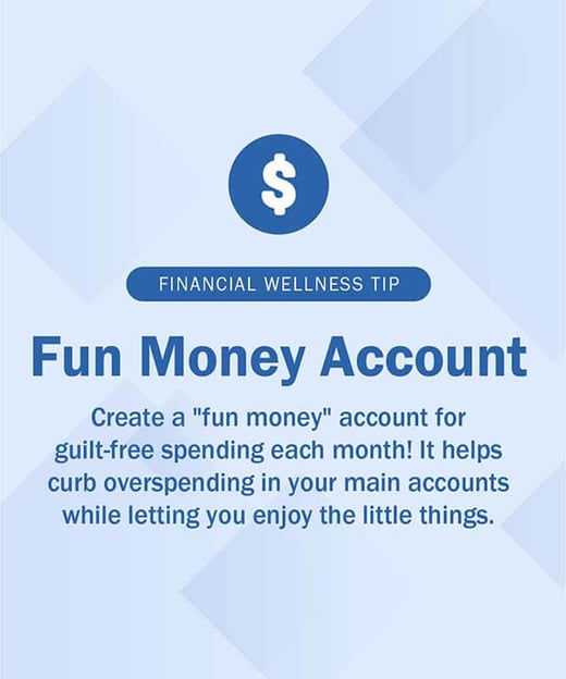 A money sign icon with a financial wellness tip about a fun money account.