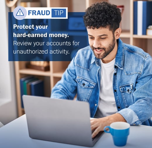 Person using a laptop with a blue text overlay about protecting money from fraud.