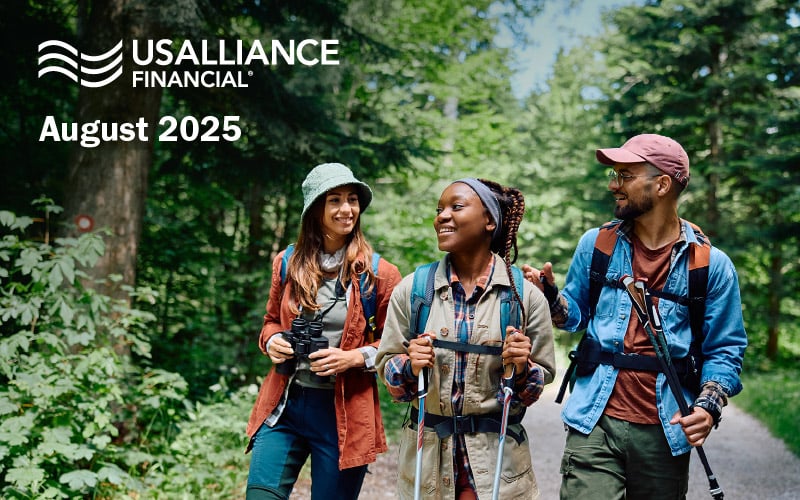 A group of friends hiking in the woods.