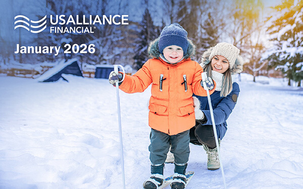 A mother helps her child ski, with the USALLIANCE Logo and "January 2026" on top.