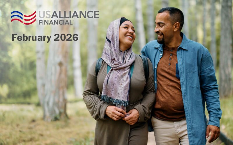 USALLIANCE Financial newsletter with February 2026 written on top of a smiling couple. 